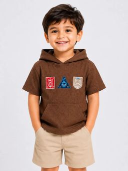 Bloom Up - Brown Graphic Hooded Half Sleeve T-shirt for Boys