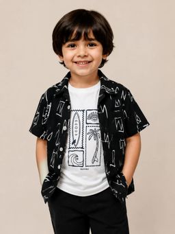 Bloom Up - Navy Blue Printed Cotton Shirt and T-shirt