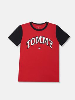 Tommy Hilfiger - Boys Typography Printed Regular Fit Cotton T-shirt-Red