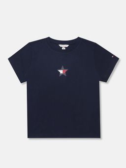 Tommy Hilfiger - Girls Solid Regular Fit Cotton T-shirt-Navy Blue