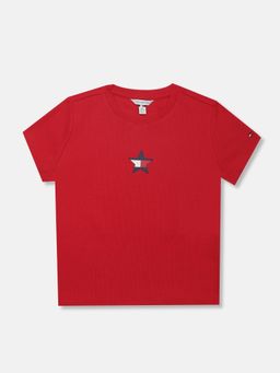Tommy Hilfiger - Girls Solid Regular Fit Cotton T-shirt-Red