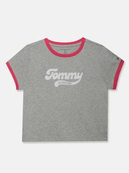 Tommy Hilfiger - Girls Typography Printed Regular Fit Cotton T-shirt-Grey