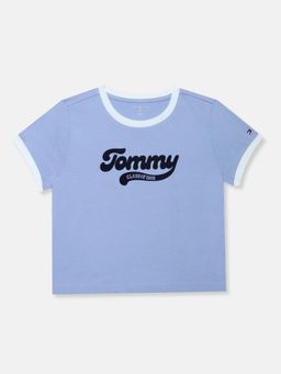 Tommy Hilfiger - Girls Typography Printed Regular Fit Cotton T-shirt-Blue