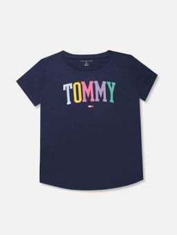 Tommy Hilfiger - Girls Typography Printed Regular Fit Cotton T-shirt-Navy Blue