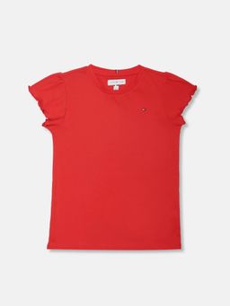 Tommy Hilfiger - Girls Solid Slim Fit Cotton T-shirt-Red
