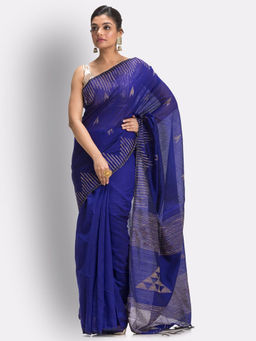 Angoshobha - Blue Cotton Blended Handloom Jamdani Saree with Unstitched Blouse