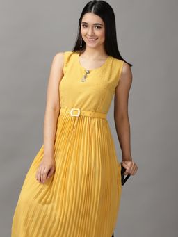 SHOWOFF - Womens Round Neck Maxi Yellow Solid Dress (Set of 2)