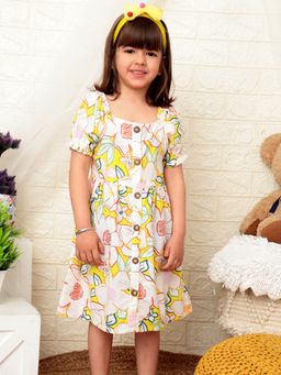 Nautinati - Girls Floral Short Sleeves Square Neck Fit & Flare Knee Length Dress