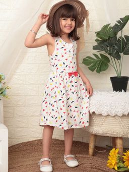 Nautinati - Girls White Floral Printed Sleeveless Knee Length Dress