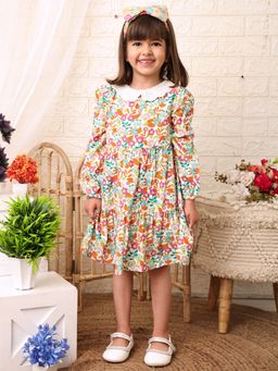 Nautinati - Girls Multi-Color Floral Long Sleeves Peter Pan Knee Length Dress