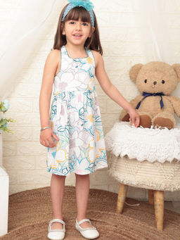 Nautinati - Girls White Floral Sleeveless Stylish Back Smocked Knee Length Dress