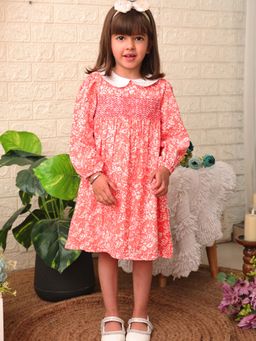 Nautinati - Girls Red Floral Long Sleeves Fit and Flare Knee Length Dress