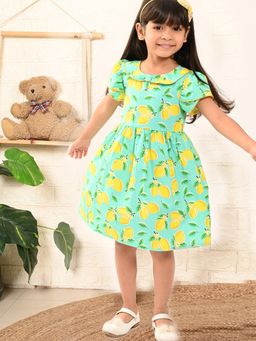 Nautinati - Girls Green Lemon Printed Short Sleeves Round Neck Knee Length Dress