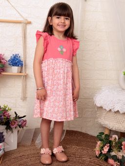 Nautinati - Girls Red Round Neck Embroidered Fit and Flare Knee Length Dress
