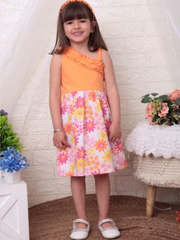 Nautinati - Girls Orange Floral Printed One-Shoulder Knee Length Dress
