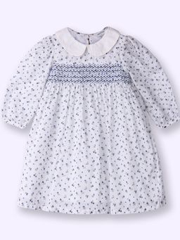 Nautinati - Girls White Floral Printed Peter Pan Smocked A-Line Knee Length Dress