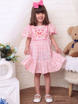 Nautinati - Girls Pink Embroidered Yoke Design Knee Length Dress