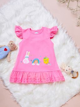 Nautinati - Girls Pink Applique Round Neck Cotton A-Line Mini Dress