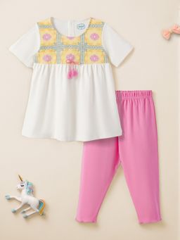 Nautinati - Girls White Printed Round Neck Tassel Detail Co-Ord (Set of 2)