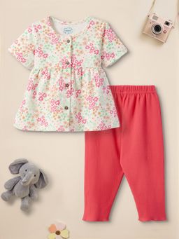 Nautinati - Girls Floral Print Round Neck Button Detail Co-Ord (Set of 2)