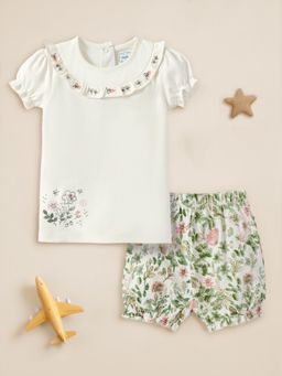 Nautinati - Girls Off White Round Neck Casual Top with Shorts (Set of 2)