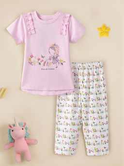 Nautinati - Girls Pink Printed Round Neck Casual Co-Ord (Set of 2)