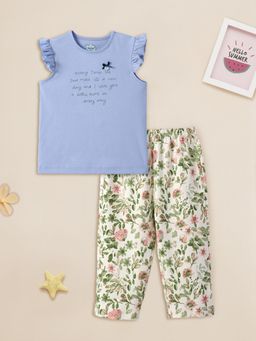 Nautinati - Girls Sky Blue Printed Round Neck Casual Co-Ord (Set of 2)