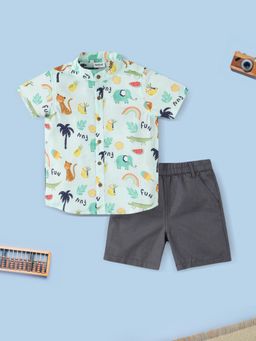 Nautinati - Boys Green Printed Shirt with Shorts (Set of 2)