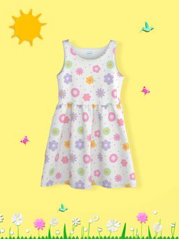 Nautinati - Girls White Sleeveless Round Neck Pure Cotton Casual Knee Length Dress