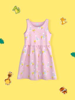 Nautinati - Girls Pink Printed Sleeveless Round Neck Pure Cotton Knee Length Dress