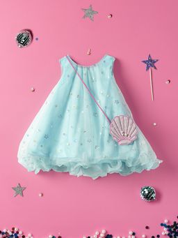 Nautinati - Girls Blue Embellished Sequined Knee Length Dress with Sling Bag (Set of 2)