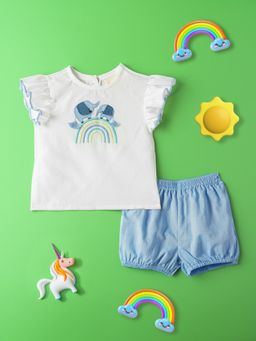 Nautinati - Girls White Embroidered Round Neck Top with Shorts (Set of 2)