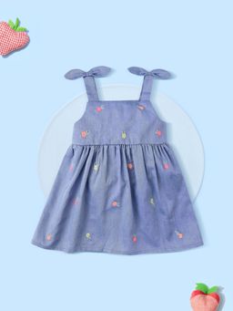 Nautinati - Girls Blue Embroidered Sleeveless Cotton A-Line Mini Dress