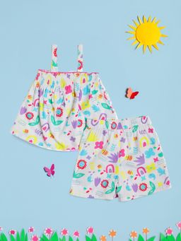Nautinati - Girls Multi-Color Printed Shoulder Strap Smocked Top with Shorts (Set of 2)