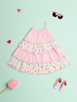 Nautinati - Girls Pink-White Striped Shoulder Strap Layered A-Line Knee Length Dress