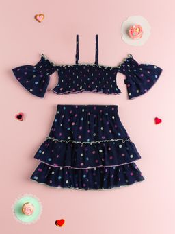 Nautinati - Girls Navy Blue Polka Dot Smocked Crop Top with Layered Skirt (Set of 2)