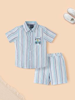 Nautinati - Boys Blue Stripes Short Sleeves Collar Neck Shirt & Shorts (Set of 2)