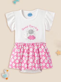 Nautinati - Girls Pink Floral Printed Round Neck Fit and Flare Knee Length Dress
