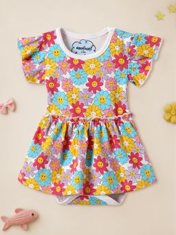 Nautinati - Girls Multi-Color Floral Printed Round Neck Knee Length Dress