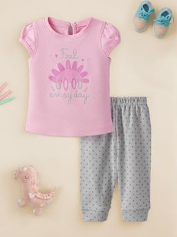 Nautinati - Pink-Grey Printed Round Neck Casual Top with Jogger (Set of 2)