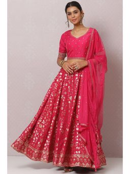 Biba - Hot Pink Straight Art Silk Lehenga Set (Set of 3)
