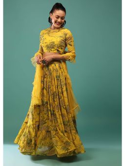 KALKI FASHION - Yellow Blouse and Skirt with Frills and Sequins (Set of 3) (US 0)