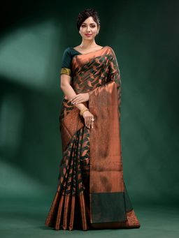 CHARUKRITI - Green Organza Handwoven Soft Saree with Unstitched Blouse