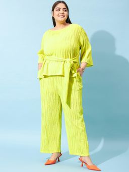 AAREIN - Ample Green Textured Round Neck Top with Pant (Set of 2)