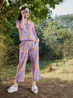 AAREIN - Women Purple Floral Printed Linen Shirt with Trouser (Set of 2)