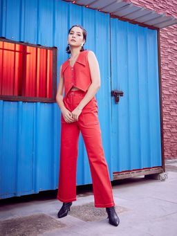 AAREIN - Red V-Neck Denim Top with Trouser (Set of 2)