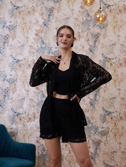 AAREIN - Black Self Design Top and Shorts with Shrug (Set of 3)