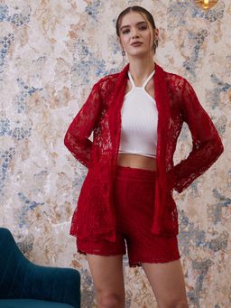 AAREIN - Red Self Design Halter Neck Top and Shorts with Shrug (Set of 3)