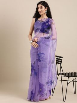 Vastranand - Lavender Floral Beads And Stones Organza Saree with Unstitched Blouse