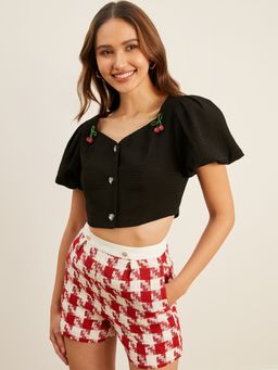 Pomelo - Heart Neck Puffed Sleeve Crop - Black